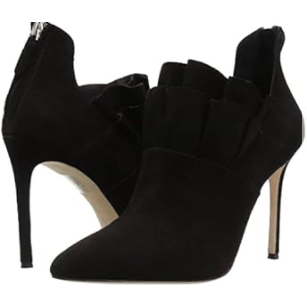 Pour La Victoire Cedraks Black Suede Ruffle Pointed Toe Stiletto Booties Size 9 - Picture 2 of 10